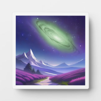 Kosmisch groen sterrenstelsel boven het Paarse ber Fotoplaat