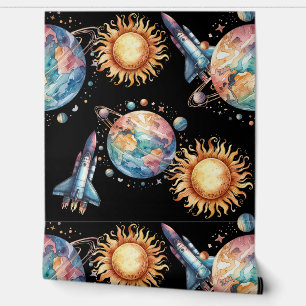 Kosmisch neon ruimteschip planeten behang