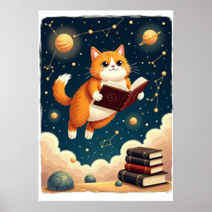 Kosmische Boekenwurm Kat Ruimte Lezen Sticker T-sh Poster