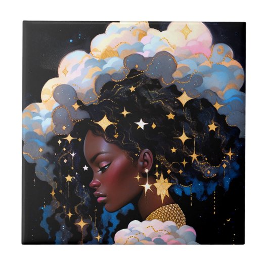 Kosmische Dame Afro-Amerikaanse Fantasy Kunst Tegeltje (Voorkant)