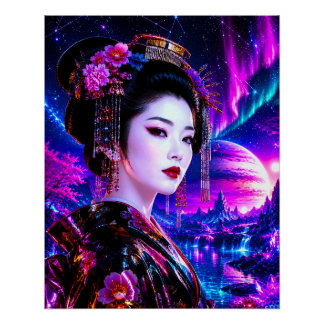 Kosmische Geisha im Neon‑Traumland Perfect Poster