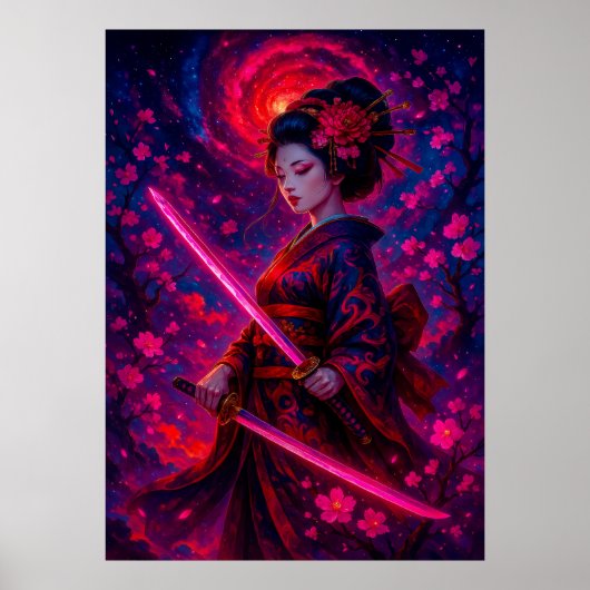 Kosmische Geisha Samurai met Glowing Swords Fantas Poster (Voorkant)