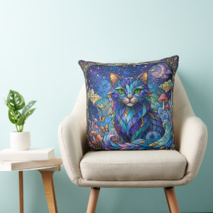 Kosmische Kat Gebrandschilderd Glas Surreal Blauw Kussen