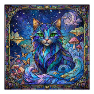 Kosmische Kat Gebrandschilderd Glas Surreal Blauw Perfect Poster