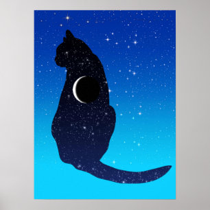 Kosmische kat in sterren en halve maan patroon poster