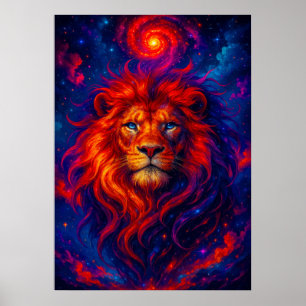Kosmische Leeuw met Vurige Galaxy Mane Fantasy Poster