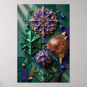 Kosmische Mandala Geometrie Reliëf - 3D Smaragd Pa Poster