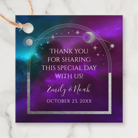 Kosmische Paarse Blauwgroen Zilveren Zon Maan Huwe Bedankjes Labels (Voorkant)