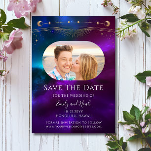 Kosmische Paarse Blauwgroen Zon Maan Ster Ruimte Save The Date