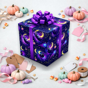 Kosmische Paarse Mystieke Kat Halloween Cadeaupapier