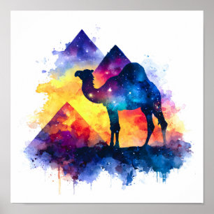 Kosmische Sterrennacht Egyptisch kamelenlandschap Poster