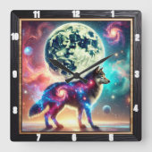 Kosmische Wolf met Galactische Elementen en Maan Vierkante Klok (Voorkant)