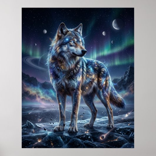 Kosmische Wolf Onder Aurora Hemel Poster (Voorkant)