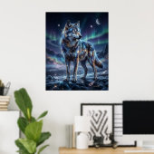 Kosmische Wolf Onder Aurora Hemel Poster (Thuiskantoor)