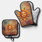 Kosmische zon gezicht digitale kunst ovenwant & pannenlap set (Voorkant / Achterkant)