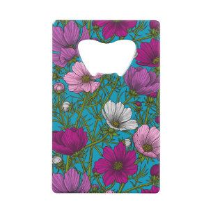 Kosmos-mix op blauw kredietkaart flessenopener