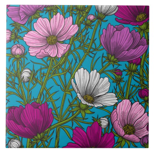 Kosmos-mix op blauw tegeltje (Voorkant)