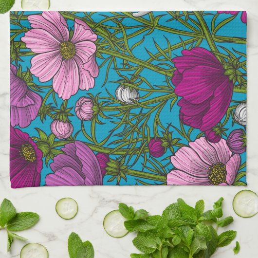 Kosmos-mix op blauw theedoek (Gevouwen)