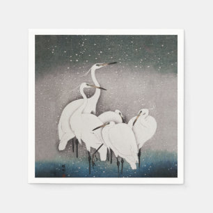 Koson Reigers in de Sneeuw: Vintage Japans Servet