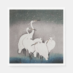Koson Reigers in de Sneeuw: Vintage Japans Servet