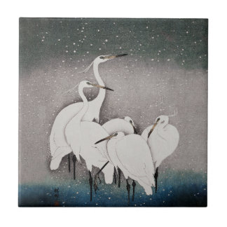 Koson Reigers in de Sneeuw: Vintage Japans Tegeltje