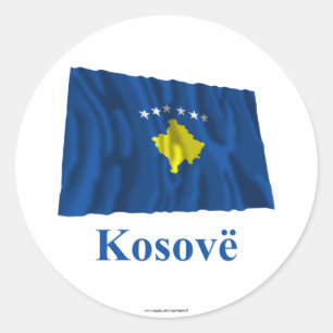 Kosovo Zwaaiende Vlag met Naam in Albanees Ronde Sticker