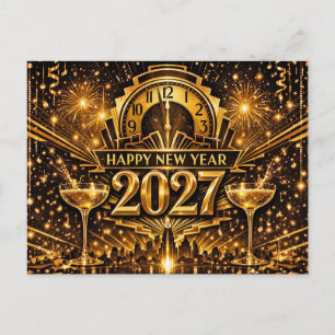 Kostbaar goud Art Deco Stad Nieuwjaar 2027 Feestdagenkaart