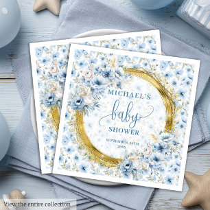 Kostbare stoffige blauwe bloemen gouden baby showe servet