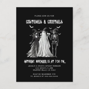 Kostuums & Cocktails Zwart Wit Halloween Party Uitnodiging Briefkaart