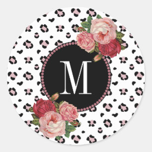 Koude  Floral Leopard Roos Gold Monogram Ronde Sticker