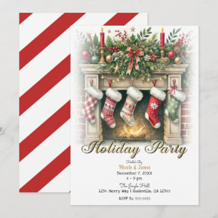 Kousen opgehangen door de open haard Holiday Party Kaart