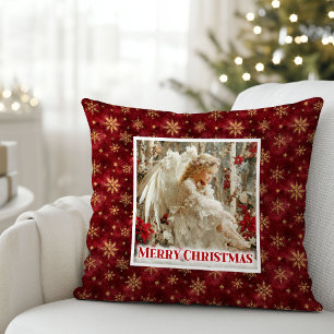 Kozige engel Poinsettia Rood Goud Aangepaste Naam Kussen