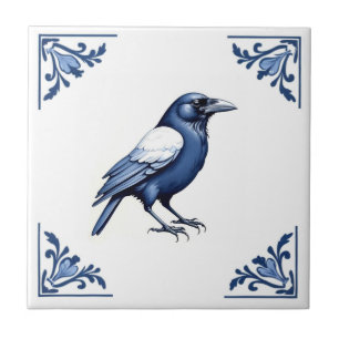 Kraai Delfts Blauw en Witte Bloemhoeken Vogel Tegeltje