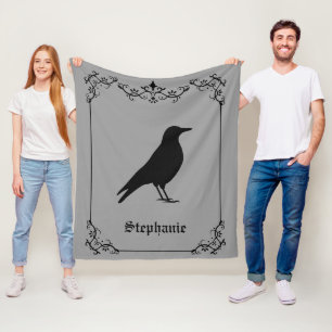 Kraai Vogel Silhouet En Decoratieve Krullen Grijs Fleece Deken
