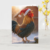 Kraaiende Kersthaan met een Kerstmanhoed Kaart (Gele Bloem)