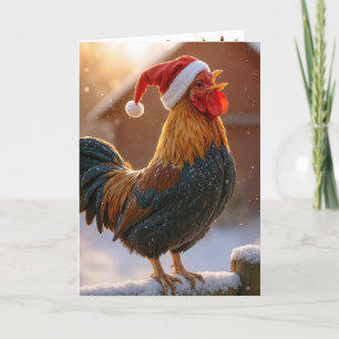 Kraaiende Kersthaan met een Kerstmanhoed Kaart