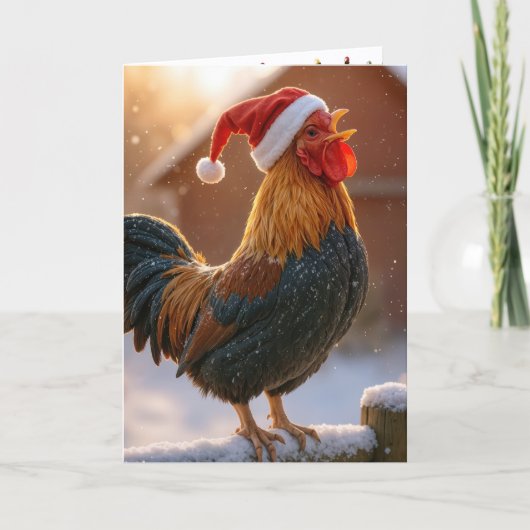 Kraaiende Kersthaan met een Kerstmanhoed Kaart (Voorkant)