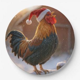 Kraaiende Kersthaan met een Kerstmanhoed Papieren Bordje
