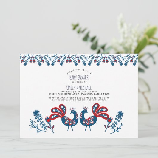 Kraamfeest Uitnodigingen met Scandinavische Vogels (Staand voorkant)