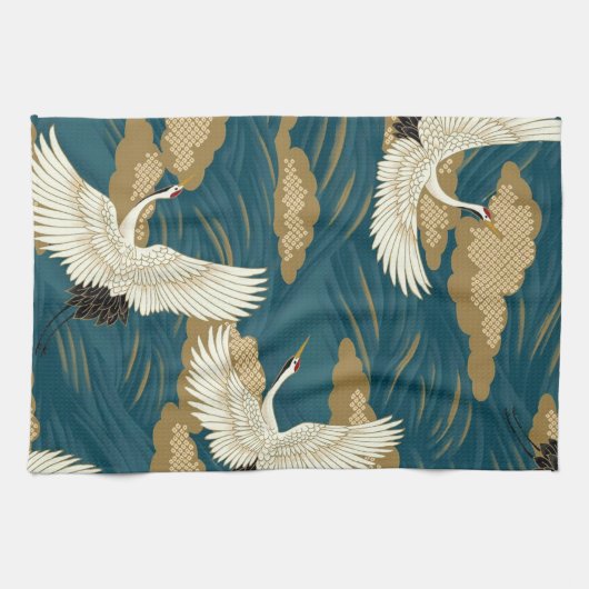 Kraan en golf, Japans ontwerp Theedoek (Horizontaal)