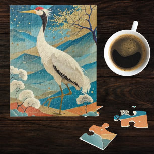 Kraanvogel met bergen en herfstbomen Japans Legpuzzel