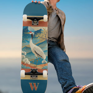 Kraanvogel met bergen en herfstbomen Japans Skateboard