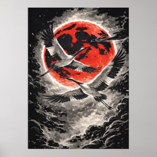 Kraanvogels vliegen in rode maan - Japanse kunst Poster