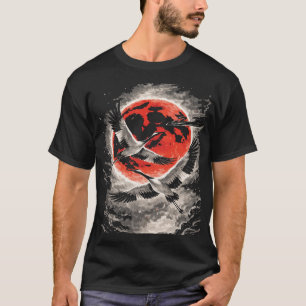 Kraanvogels vliegen in rode maan - Japanse kunst T-shirt