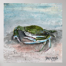krab babyblauw strand vierkant modern kunstschilde poster