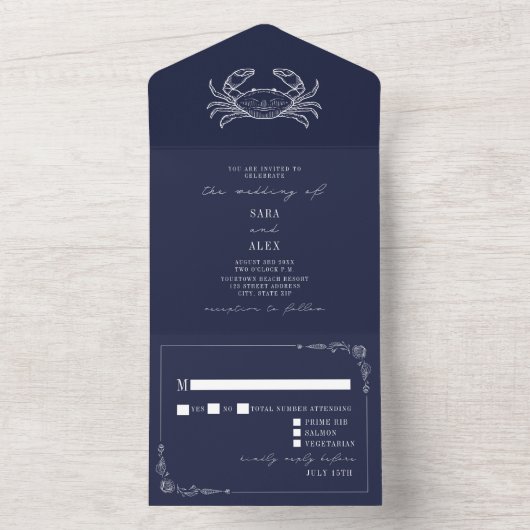 krab blauw RSVP Boerderij bruiloft All In One Uitnodiging (Binnen)