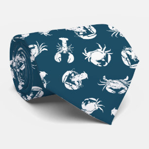 Krab en kreeft blauw wit zeevruchten patroon stropdas