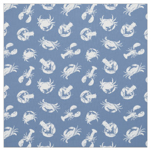 Krab en kreeft Dusty Blue White Zeevruchten Patroo Stof