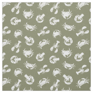 Krab en kreeft kaki groen en wit patroon stof