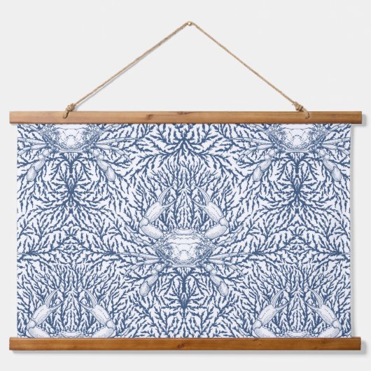 Krab en zee wiet in wit en marineblauw hangend wandkleed (Voorkant)